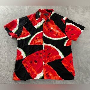 Watermelon Hawaiian Shirt Mens XL / L Black Red Rayon Aloha Camp Hawaii •2 Holes